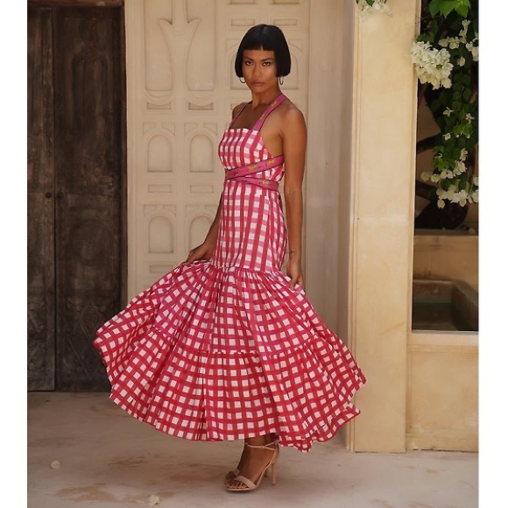 NWT Mo Maya Runa Gingham Check and Leopard Strap Print Maxi Dress Sz XS - Picture 5 of 16